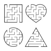 A set of easy mazes. Circle, square, triangle, heart. Game for kids. Puzzle for children. One entrances, one exit. Labyrinth conundrum. Flat vector illustration isolated on white background.