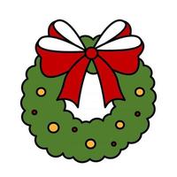 Christmas green wreath with red bow and balls. vector