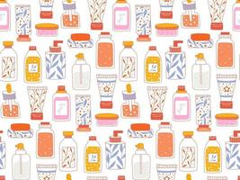 Seamless repeating pattern with cosmetics. A set of bottles and tubes vector