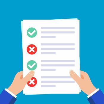 Hands hold claim form with check marks ticks and crosses. vector