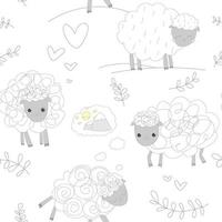 Cute white pattern line doodle sheep hearts mountains background vector