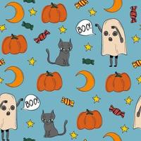blue pattern ghost candy pumpkin moon halloween magic background vector