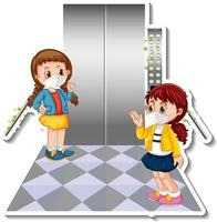 Sticker design with two kids wearing mask in the elevator vector