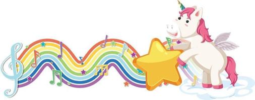 Unicorn standing on the cloud with melody symbols on rainbow wave vector