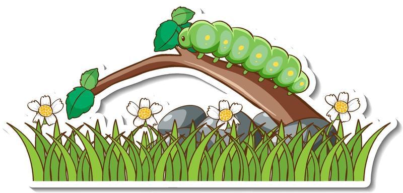 Green worm on a branch with grass field sticker