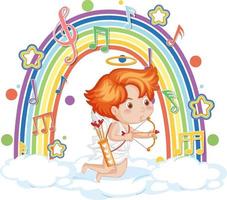 Cupido niño en la nube con símbolos de melodía en arco iris vector