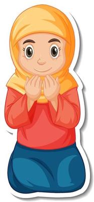 A sticker template with Muslim girl praying cartoon character