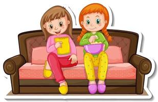 Sticker template with two girls sitting on sofa isolated vector