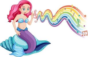 Beautiful mermaid with melody symbols on rainbow wave vector