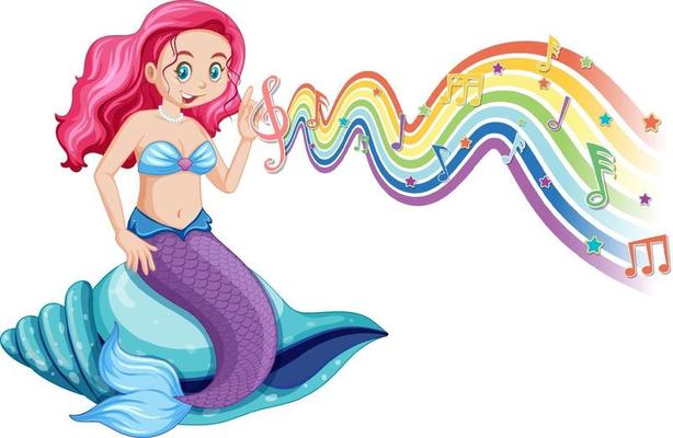 Beautiful mermaid with melody symbols on rainbow wave