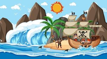 Beach with Pirate ship at daytime scene in cartoon style vector