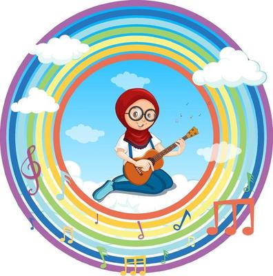 Muslim girl playing guitar in rainbow round frame with melody symbol