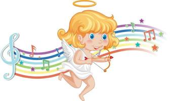 Cupid holding bow and arrow with melody symbols on rainbow vector