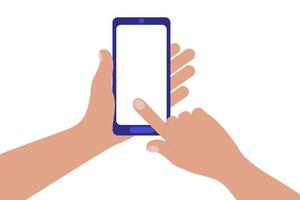 Hand holding mobile phone and forefinger touching empty white screen