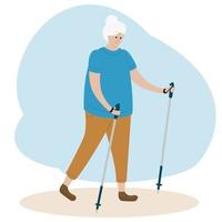 Senior woman nordic walking. Old lady doing exercises vector