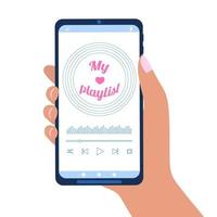 Hand holding smartphone with music player interface vector