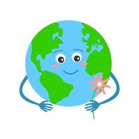 Cute Earth planet character holding flower. Earth Day concept vector