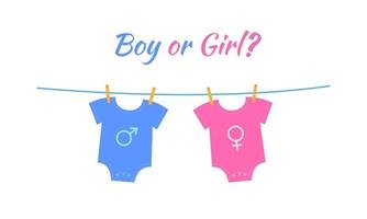 Baby boy and girl bodysuits with gender signs hanging on the rope vector