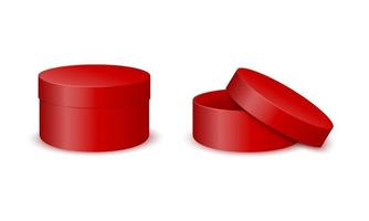 Red round cardboard boxes mockup. Closed and open cylinder packages vector