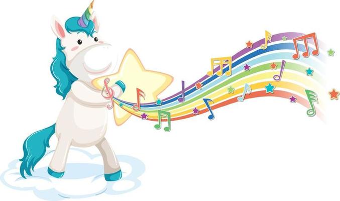 Cute unicorn holding star with melody symbols on rainbow