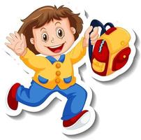 Sticker template with a girl holding backpack isolated vector