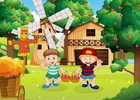 escena de la granja con personaje de dibujos animados de niño granjero vector