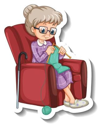 A sticker template with an old woman knitting and sitting on sofa