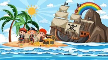 Treasure Island scene at daytime with Pirate kids vector
