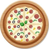 Top view of a whole delicious pizza on wooden plate vector