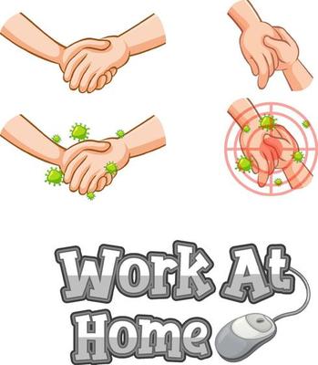 Work At Home font design with virus spreads from shaking hands