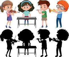 Set of different kids playing musical instruments with silhouette vector