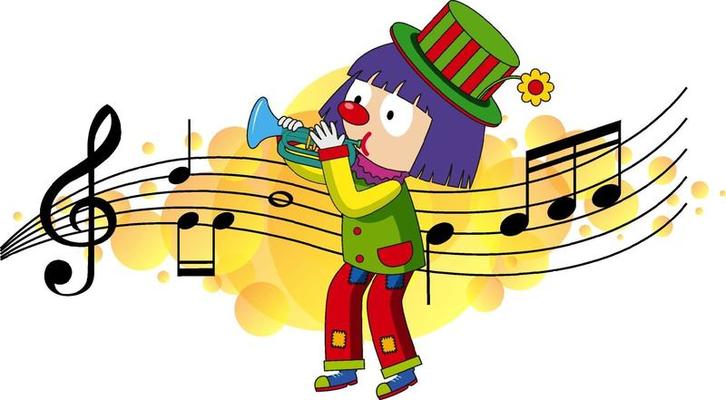 Cartoon character of a clown plays trumpet with musical melody symbols