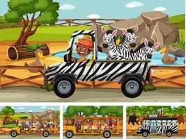 Different safari scenes with animals and kids cartoon character vector