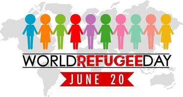 World Refugee Day banner with many people sign on world map background vector