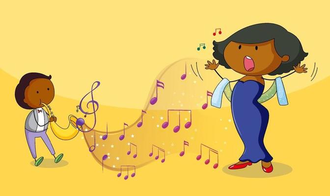 Doodle cartoon singer woman singing with musical melody symbols