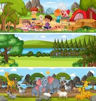 Different nature landscape at daytime scene with cartoon character vector