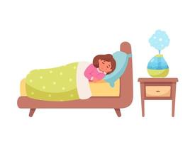 Little girl sleeping with air humidifier in room. Healthy sleep vector