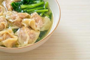 Pork wonton soup or pork dumplings soup with vegetable photo
