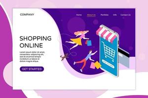 Shopping online web landing page template. Bank card inserted vector