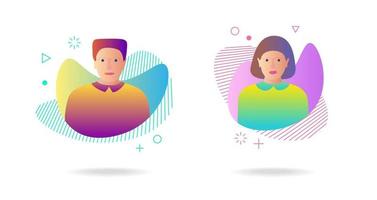 Man woman avatar set on dynamic modern liquid element graphic gradient vector