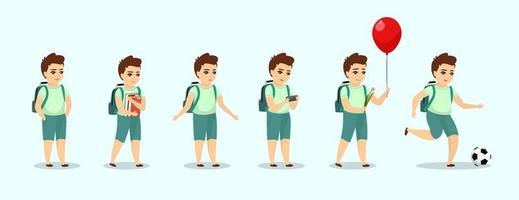 Carácter de niño colegial en diferentes poses. conjunto de niño de dibujos animados lindo vector