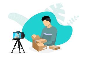 Blogger making video parcel unpacking content on camera with tripod vector