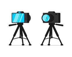 SLR camera on tripod stand front and back view set vector