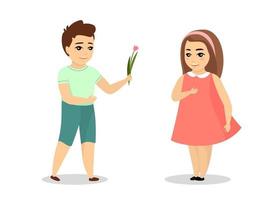 Romantic boy gives tulip to smiling girl. Little male love vector