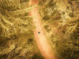 Top down view woman on road walk with nordic sticks in forest surrounded with trees. Texture and nature well-being concept background photo