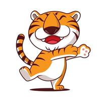 Cartoon cute tiger with smile showing hugging hand on empty space. vector