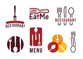 restaurante vector logo set, tenedor, cuchillo y cuchara, salchicha barbacoa