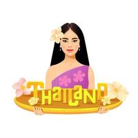 tailandesa con una sonrisa sosteniendo la palabra tailandia en un cuenco dorado. vector
