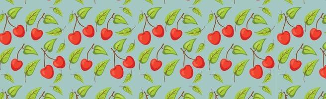 Seamless pattern, realistic red cherry with green leaves - Vector