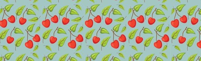 Seamless pattern, realistic red cherry with green leaves - Vector